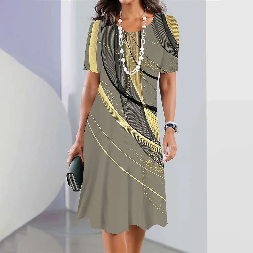 New Women's Dresses Striped Printed Elegant Casual O Neck Short Sleeve Summer Dresses Fashion Ladies Plus Size Clothing Vestidos -