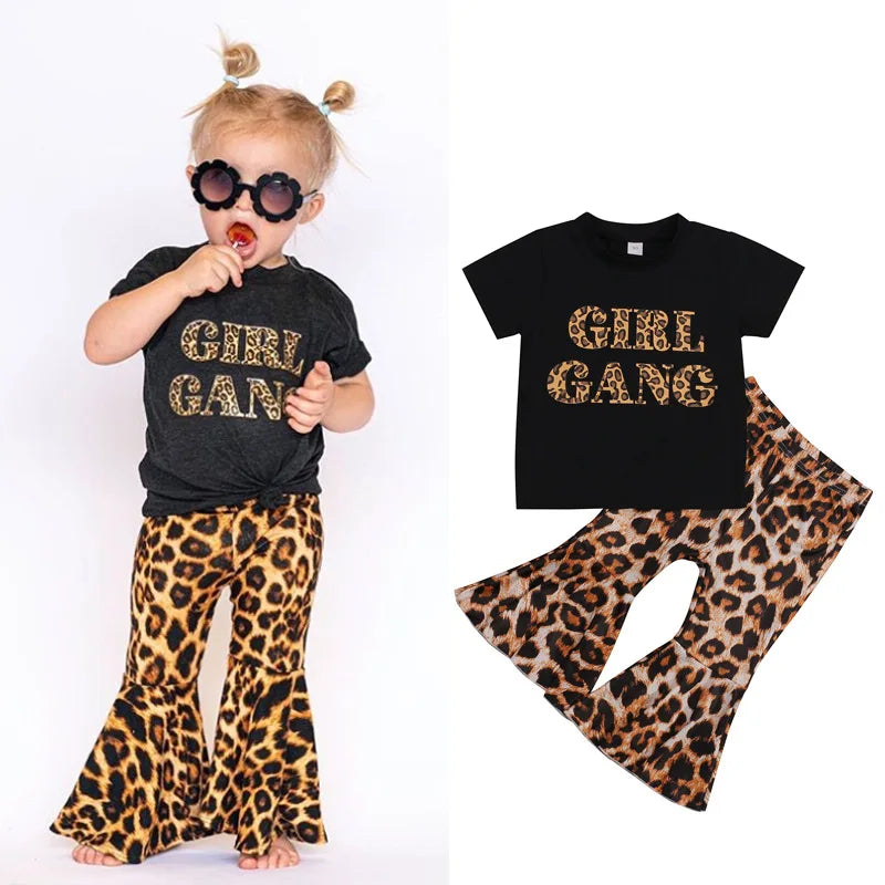 Baby Girls Leopard Clothes Outfits Cotton Short Sleeve T-shirts Tops Flare Pants 2pcs Summer Infant Kids Clothing Suits -