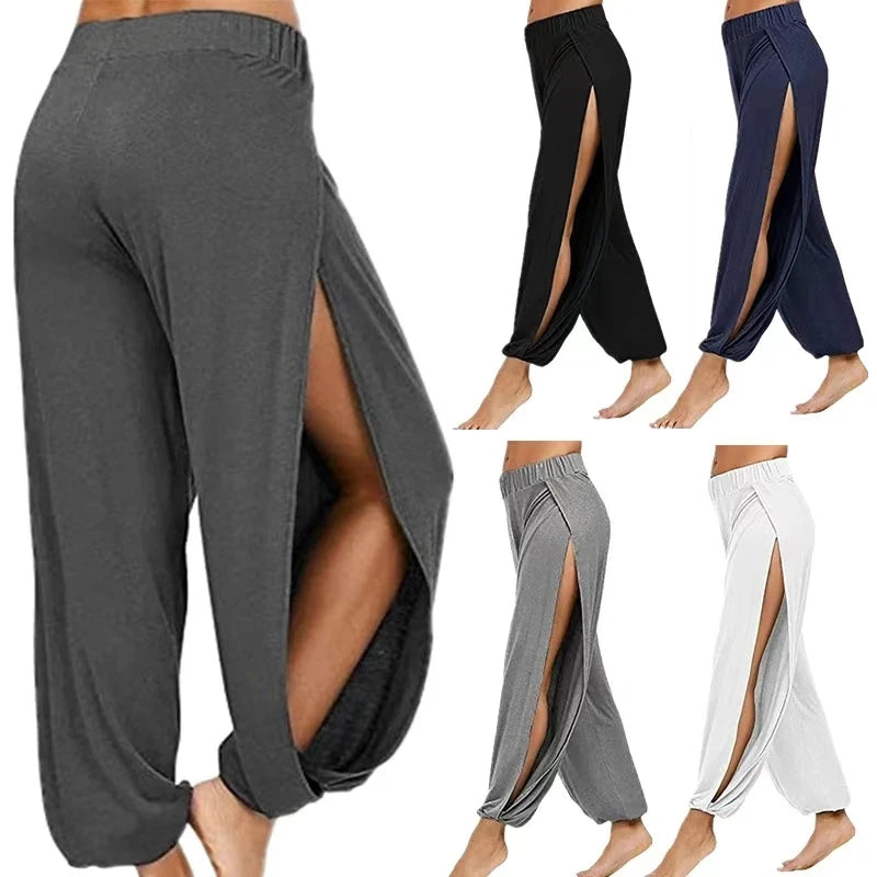 Women Fashion Yoga Pants High Waisted Slit Wide Leg Haren Pants Gym Leggings Casual Solid Hollow Workout Trousers Gym Home Wear -