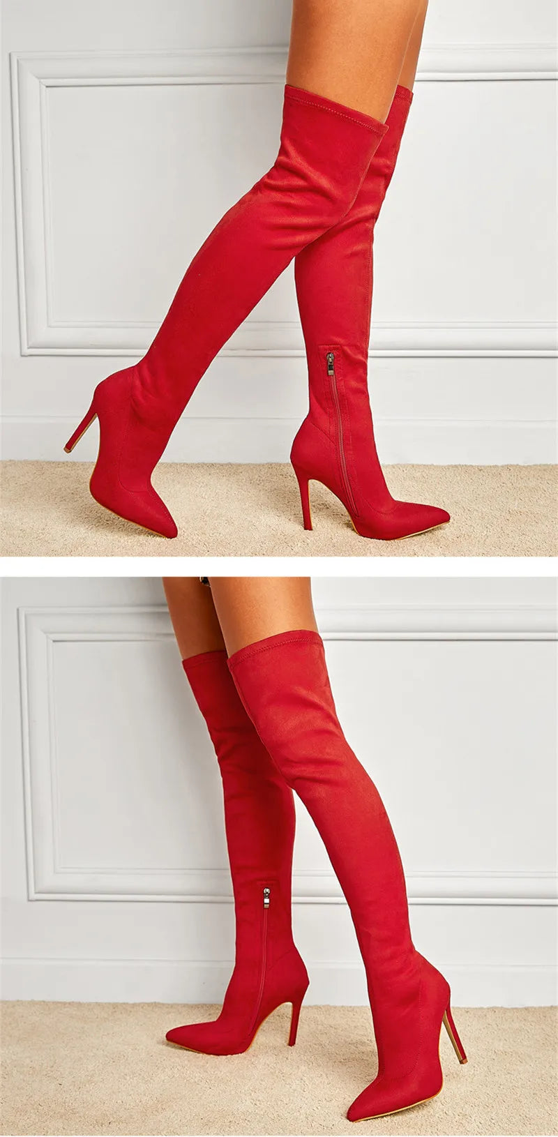 Eilyken Sexy Fashion Pointed Toe Over-The-Knee Boots Women Red Zipper High Heels Shoes Winter Striptease Motorcycle Long Botas -