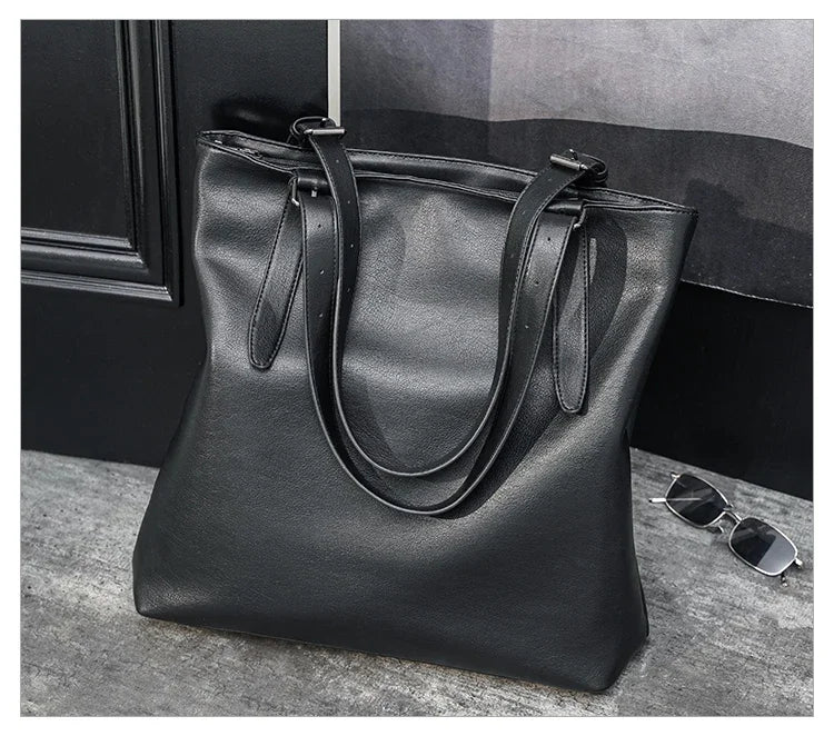 Soft Leather Tote Bag for Men Japanese Korea Style Business Casual Street Handbag Male Large Capacity Zipper Laptop Underam Bags -