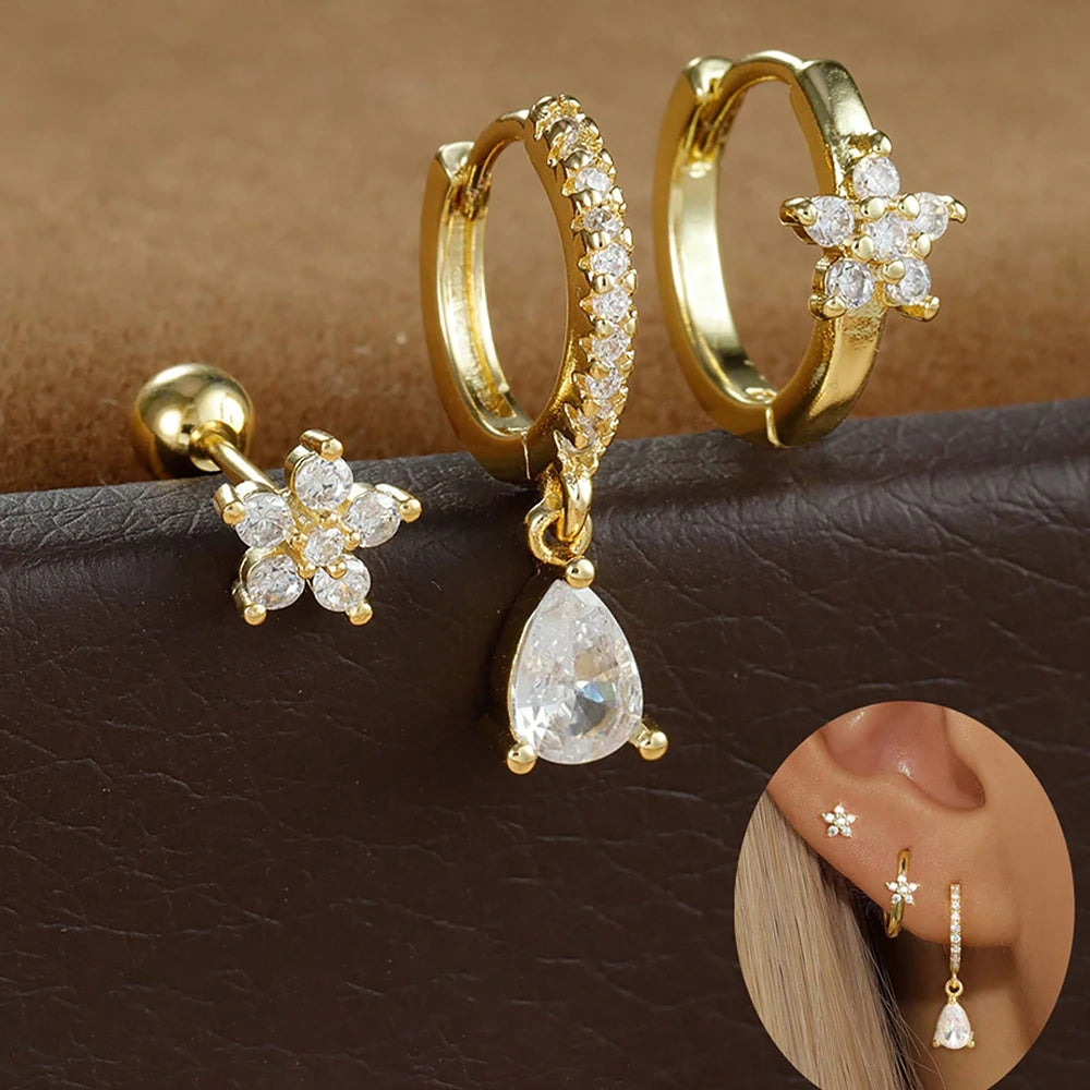 3PCS Stainless Steel Zircon Flower Earring Set for Women -