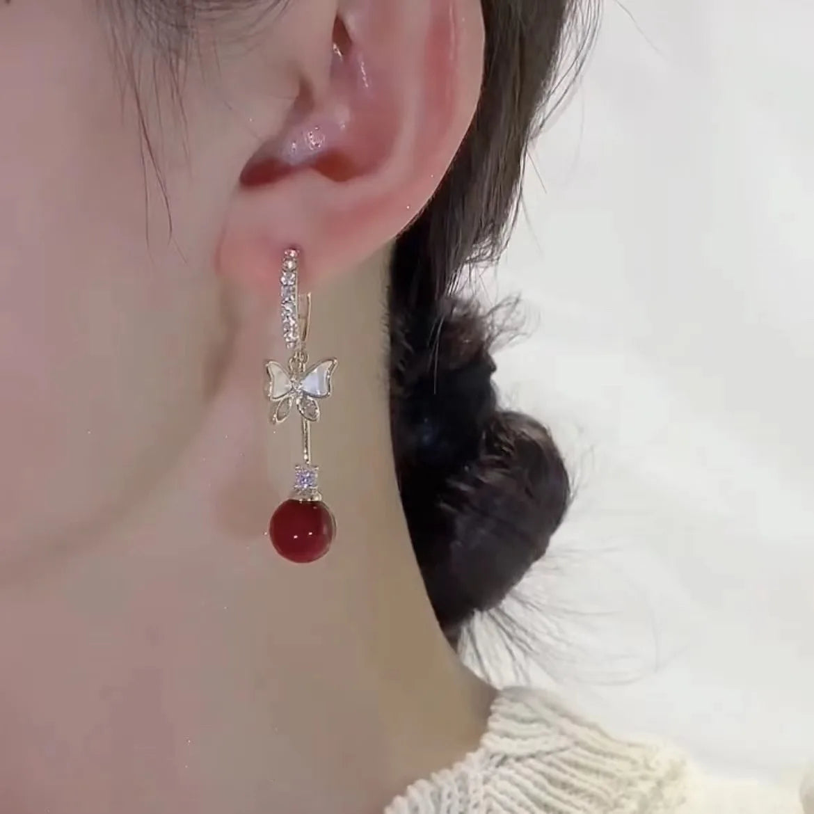 Elegant Red Zircon Butterfly Drop Earrings -