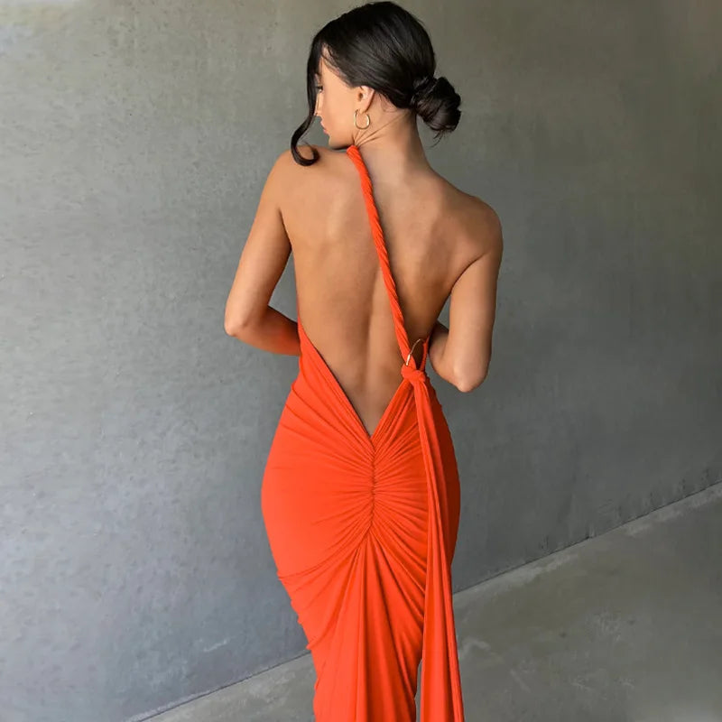 One Shoulder Sleeveless Backless Maxi Dress -