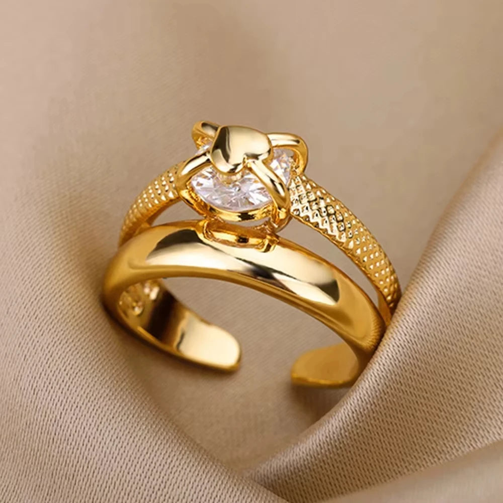 Gold Plated Stainless Steel Crystal Rings -