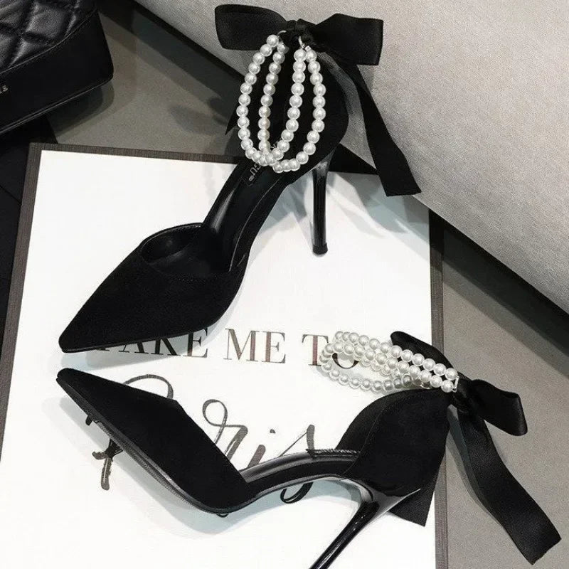 Shoes for Women 2023 Brand Spring Women's Pumps Pointed Toe Solid Flock Beads Bow Tie Buckle Shallow Mouth Novelty High Heels -