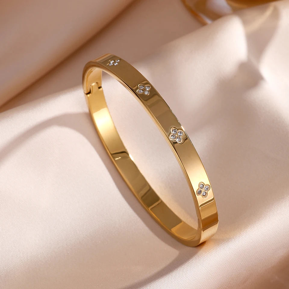 5/1pcs Sparkling Zirconia Inlaid Stainless Steel Bracelet Set -