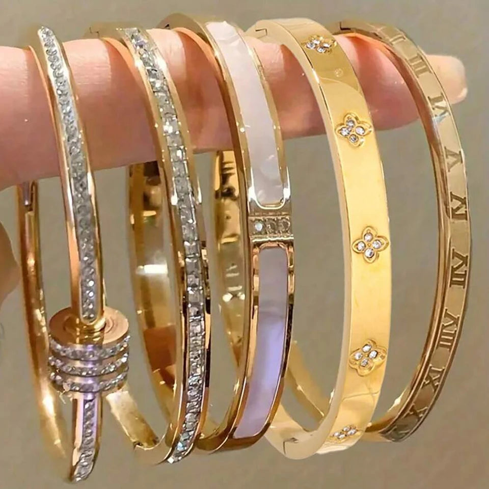 5/1pcs Sparkling Zirconia Inlaid Stainless Steel Bracelet Set -