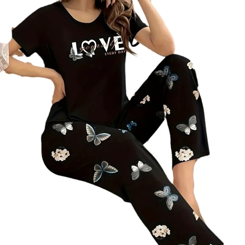 Stylish Simple Women's Summer Breathable Comfort Pajamas Women's Digital Alphabet Butterfly Print Short Sleeve Set Sleepwear -