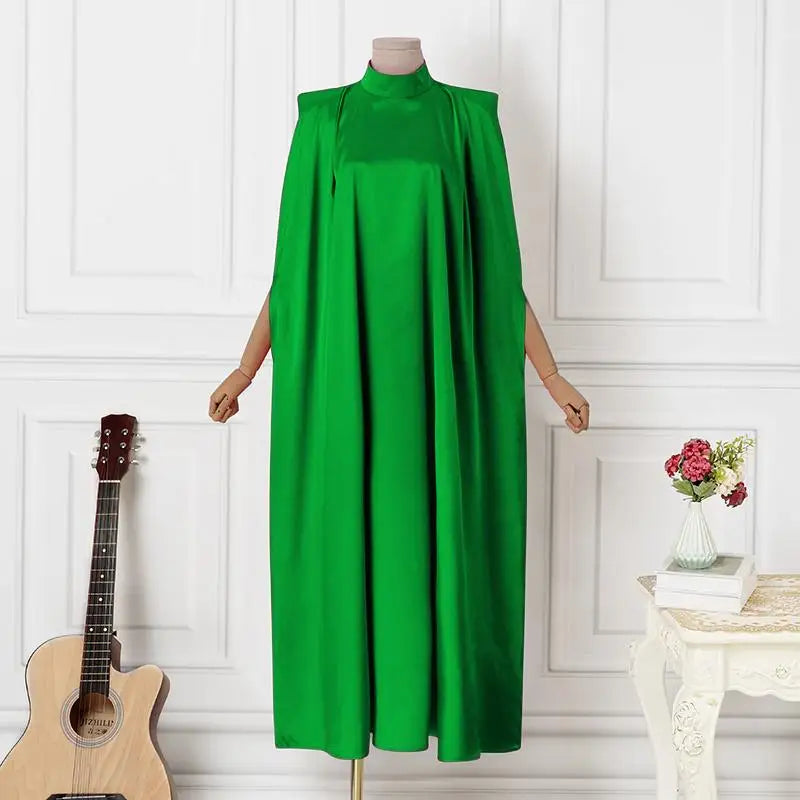 Plus Size 5XL VONDA 2023 Women Stand Collar Elegant Satin Dress Long Bat Sleeve Evening Pleated Maxi Sundress Casual Solid Robe -