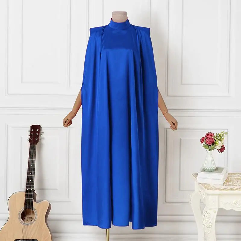 Plus Size 5XL VONDA 2023 Women Stand Collar Elegant Satin Dress Long Bat Sleeve Evening Pleated Maxi Sundress Casual Solid Robe -