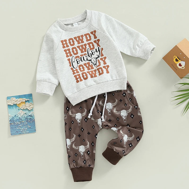 2pcs Autumn Causal Baby Boys Clothes Sets 0-3Y Long Sleeve Letter Cow Bull Print Sweatshirt Tops Drawstring Pants -