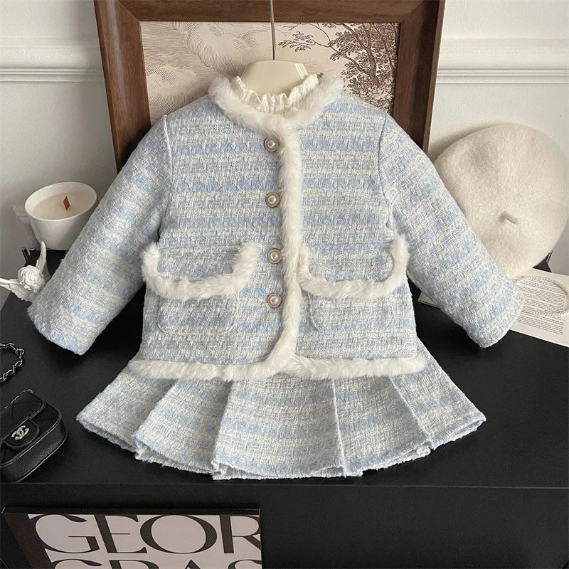 Children's Clothing Sets Tweed Scented Suit Fleece Coat + Pleated Skirt 2pcs Sets Baby Girl Clothes Kids Clothes 2 To 7 Years -