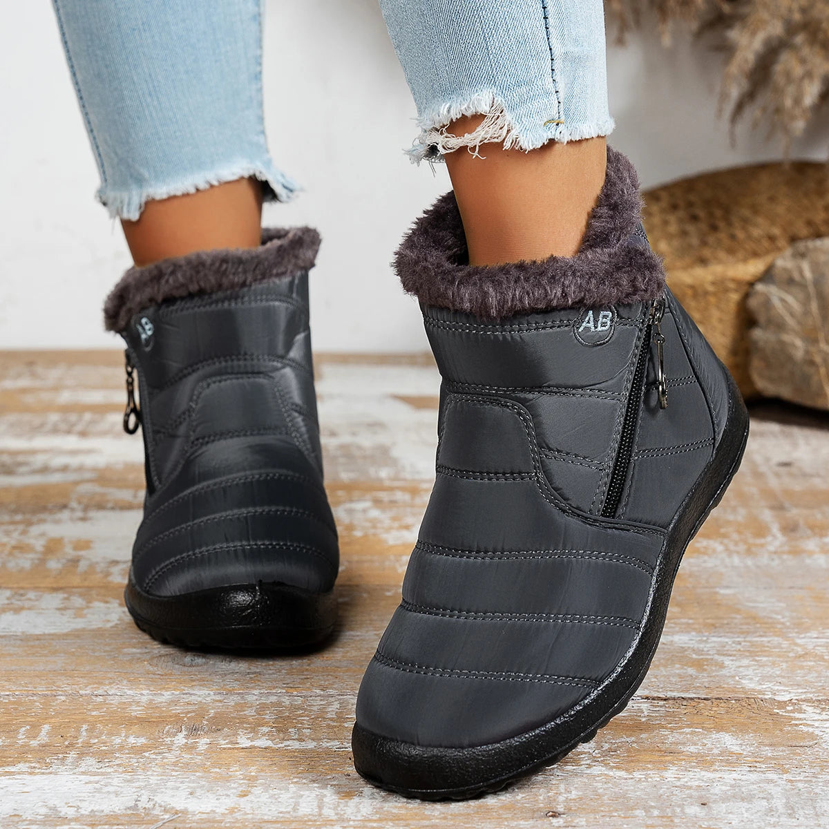 Women's casual sports shoes, mid-calf thick plush waterproof cotton boots, outer zipper cotton boots -