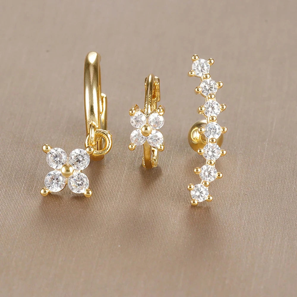 3PCS Stainless Steel Zircon Flower Earring Set for Women -
