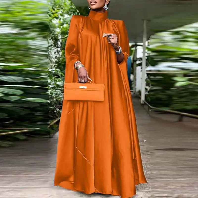Plus Size 5XL VONDA 2023 Women Stand Collar Elegant Satin Dress Long Bat Sleeve Evening Pleated Maxi Sundress Casual Solid Robe -