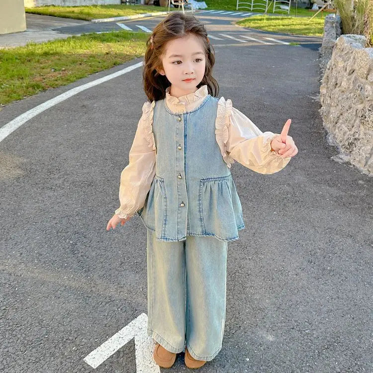 Children's Clothing Sets Girls Denim Vest + Long Sleeve Shirt + Wide Leg Pants Three-piece Suit Toddler Kids Boutique Clothes -