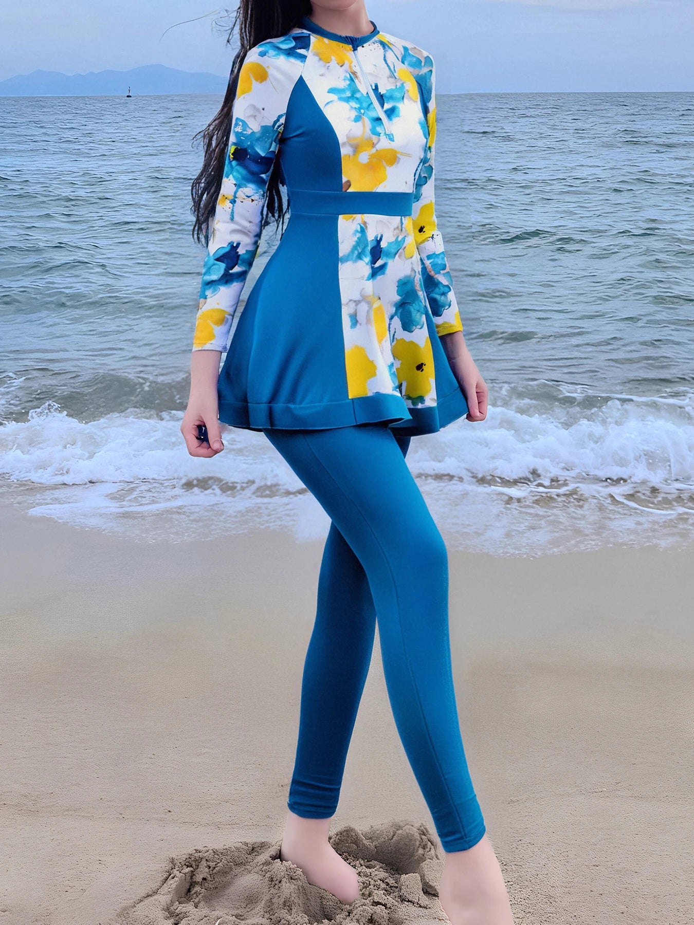 Stay covered and stylish in this long-sleeved swimsuit for women, perfect for added sun protection and a chic beach look. -