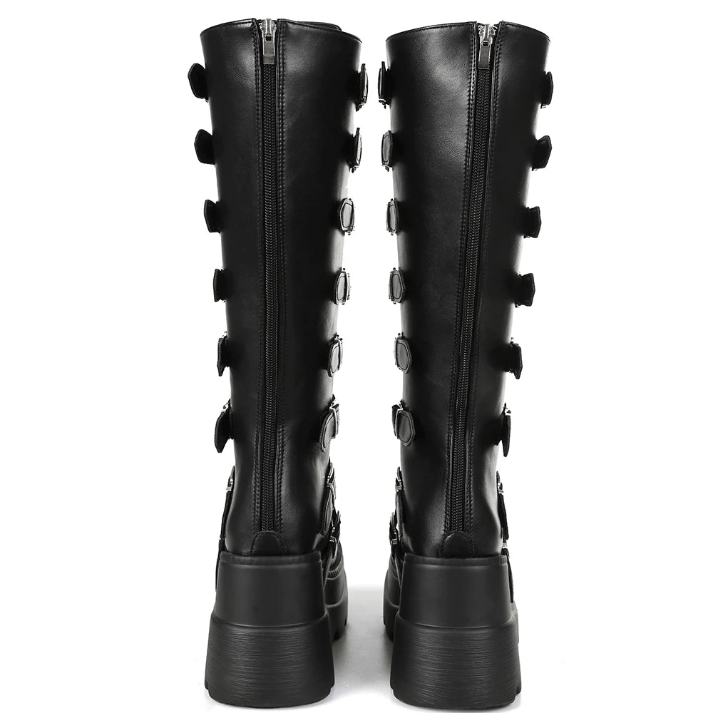 GIGIFOX Goth Metal Buckle Combat Mid-Calf Boots For Women Round Toe Platform Chunky High Wedges Cool Fashion Motorcycle Boots -