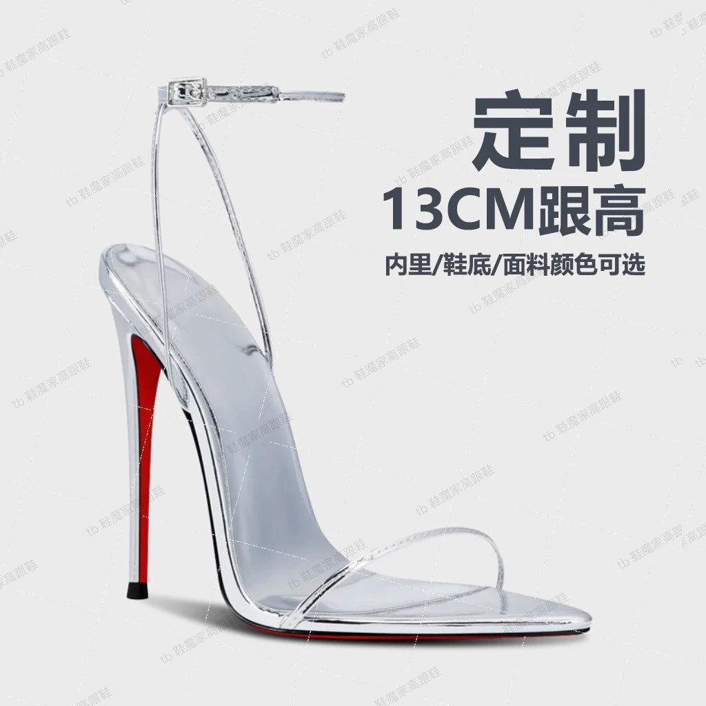 Silver 12cm slim toe high-heeled shoes, 2025 new sexy one-piece buckle fashion sandals, single shoe33-46 -