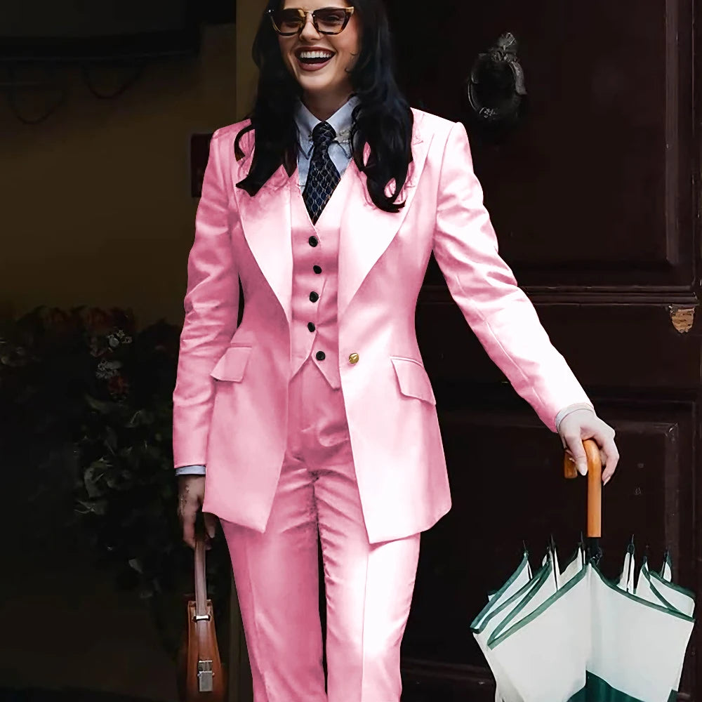 Autumn Retro Red Women's Jacket Pant Sets 3Piece Suit Single Button Peaked Lapel Blazer Formal Office Professional Outerwears -