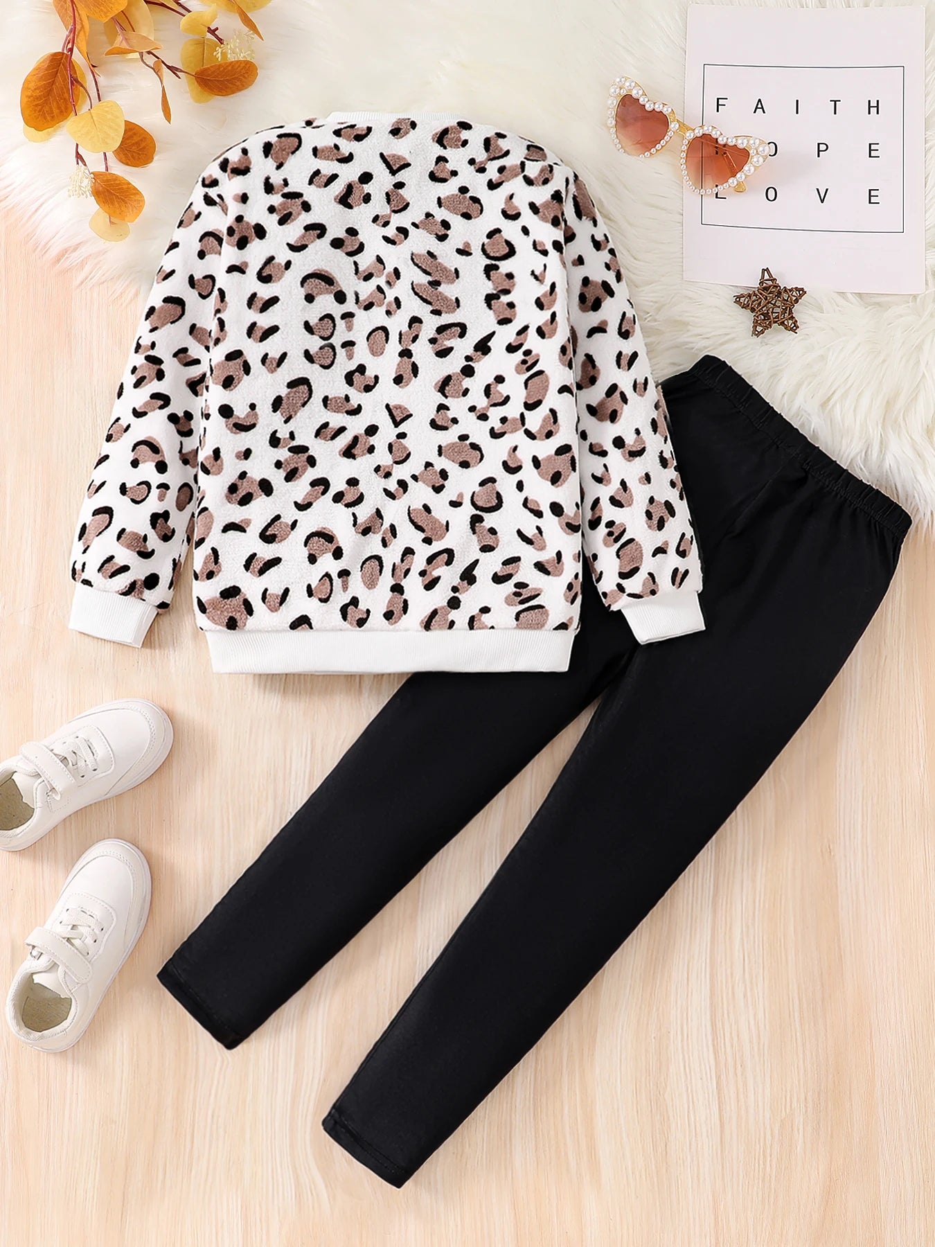 2 pieces fashion set leopard print round neck long sleeve top; solid color slim fit pants. -