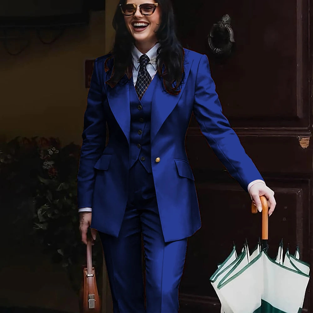 Autumn Retro Red Women's Jacket Pant Sets 3Piece Suit Single Button Peaked Lapel Blazer Formal Office Professional Outerwears -
