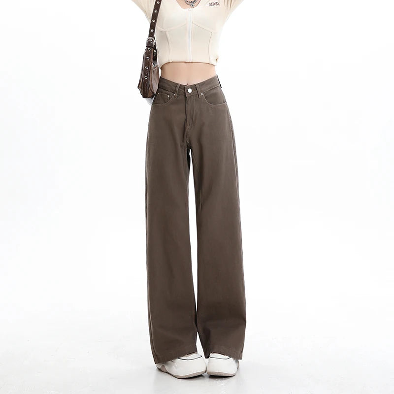 Rock the urban vibe with these baggy, high-street fashion, straight brown jeans for women! -
