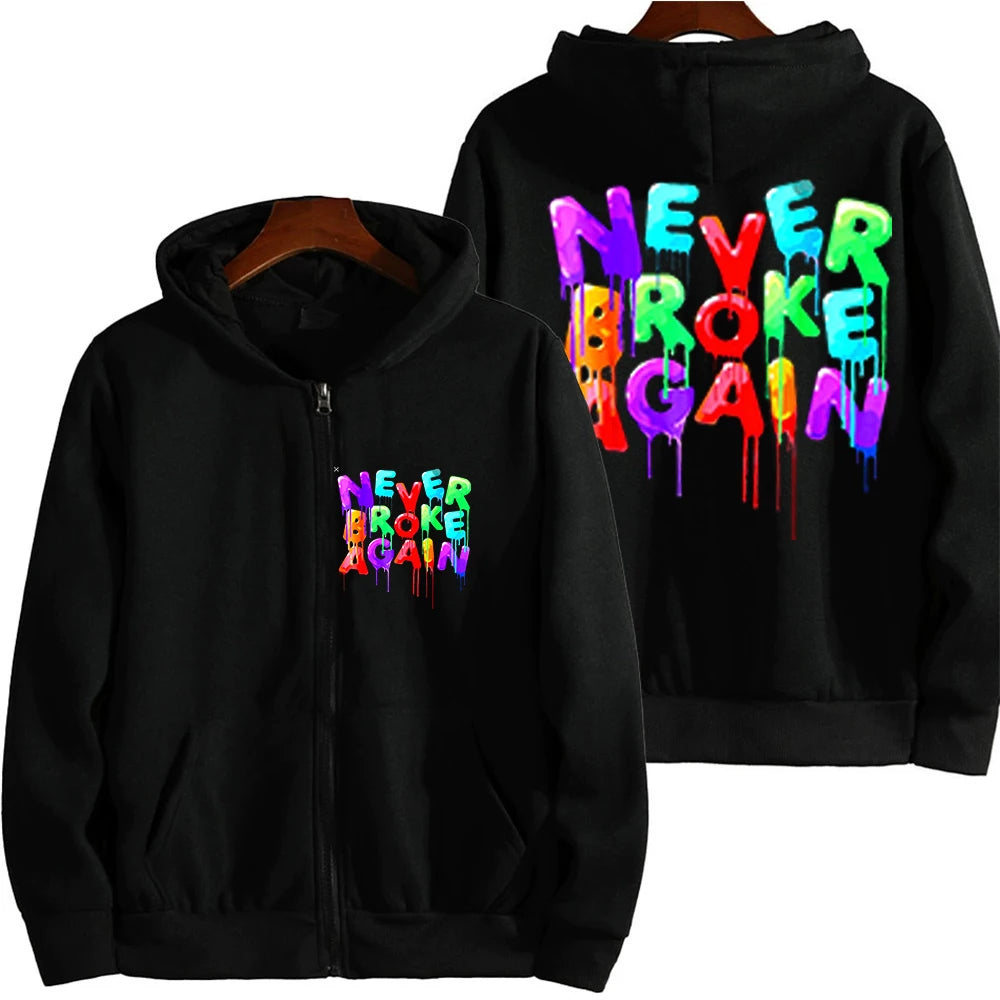 Stay fresh and bold in this men's multi-color hooded sweatshirt featuring the Never Broke Again design! -