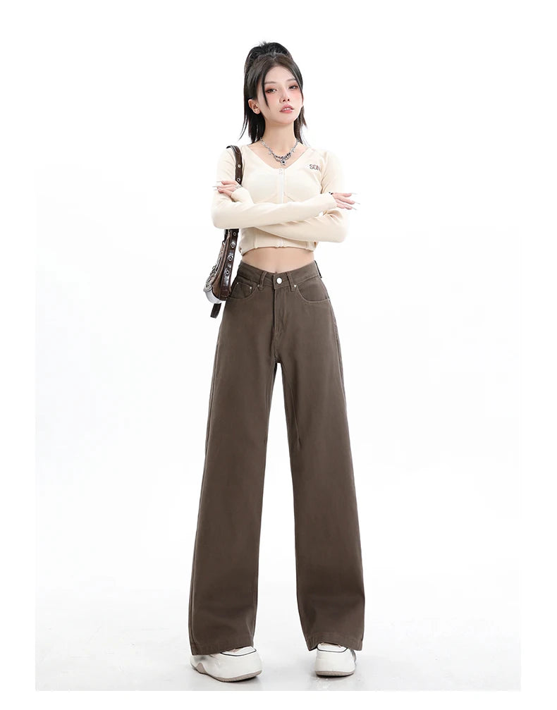 Rock the urban vibe with these baggy, high-street fashion, straight brown jeans for women! -