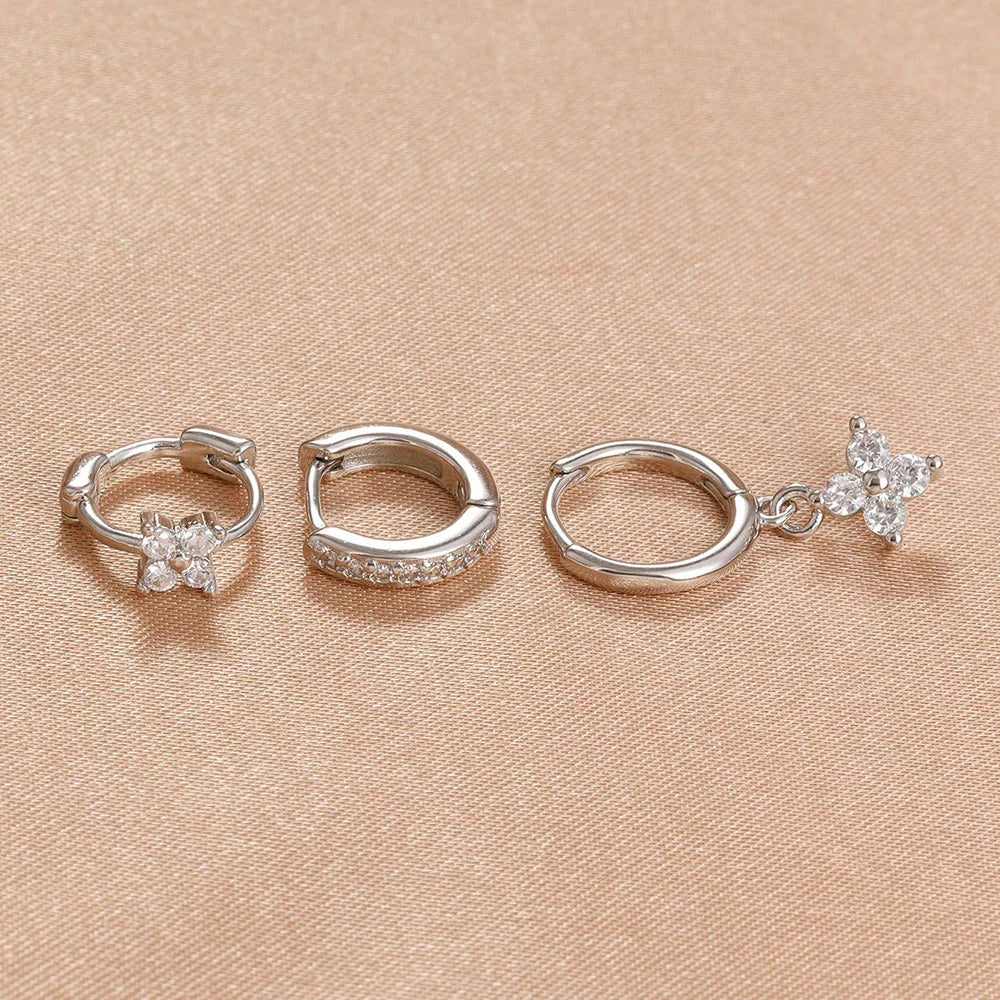3PCS Stainless Steel Zircon Flower Earring Set for Women -