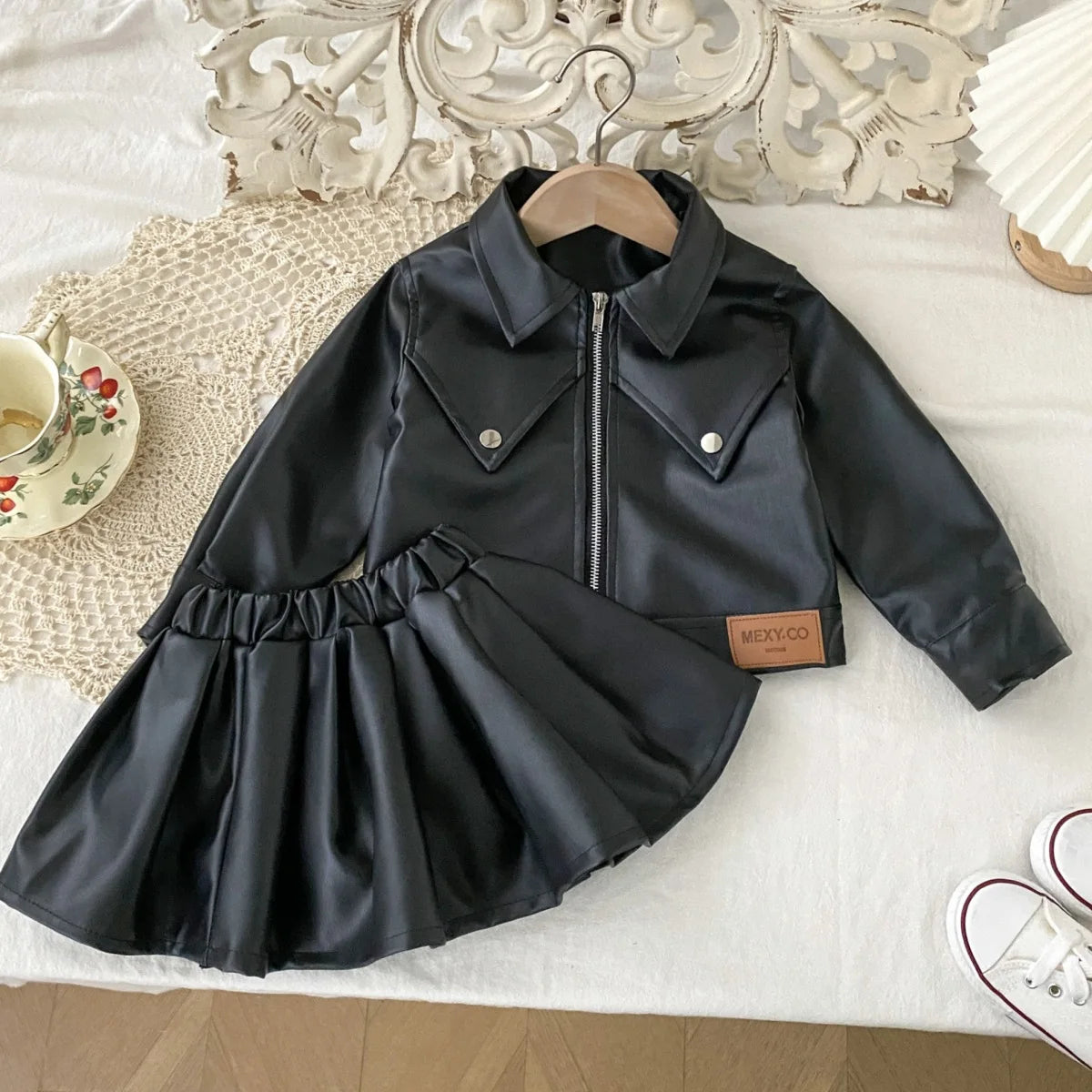 Children's Clothing Set 2025 Kids Clothes Autumn New Cool Girls Pu Leather Jacket With Short Skirt Fashion Two-Piece Outfit Set -