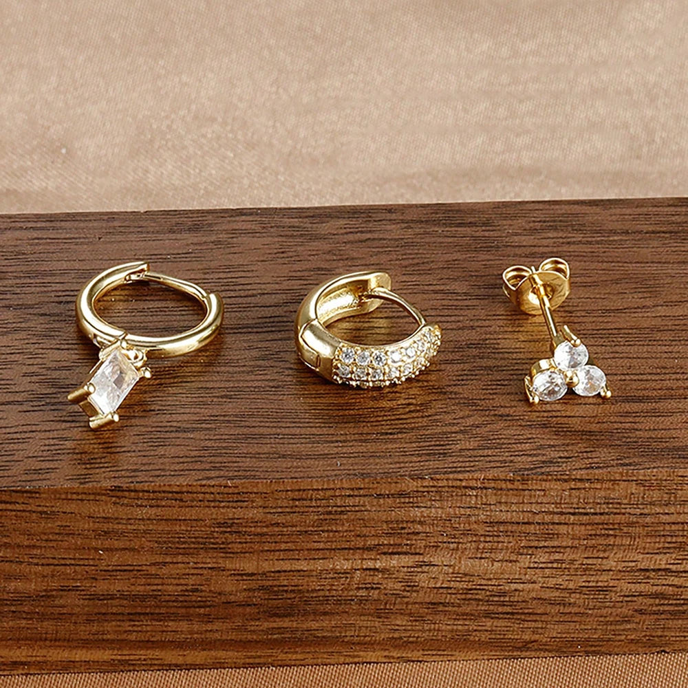 3PCS Stainless Steel Zircon Flower Earring Set for Women -