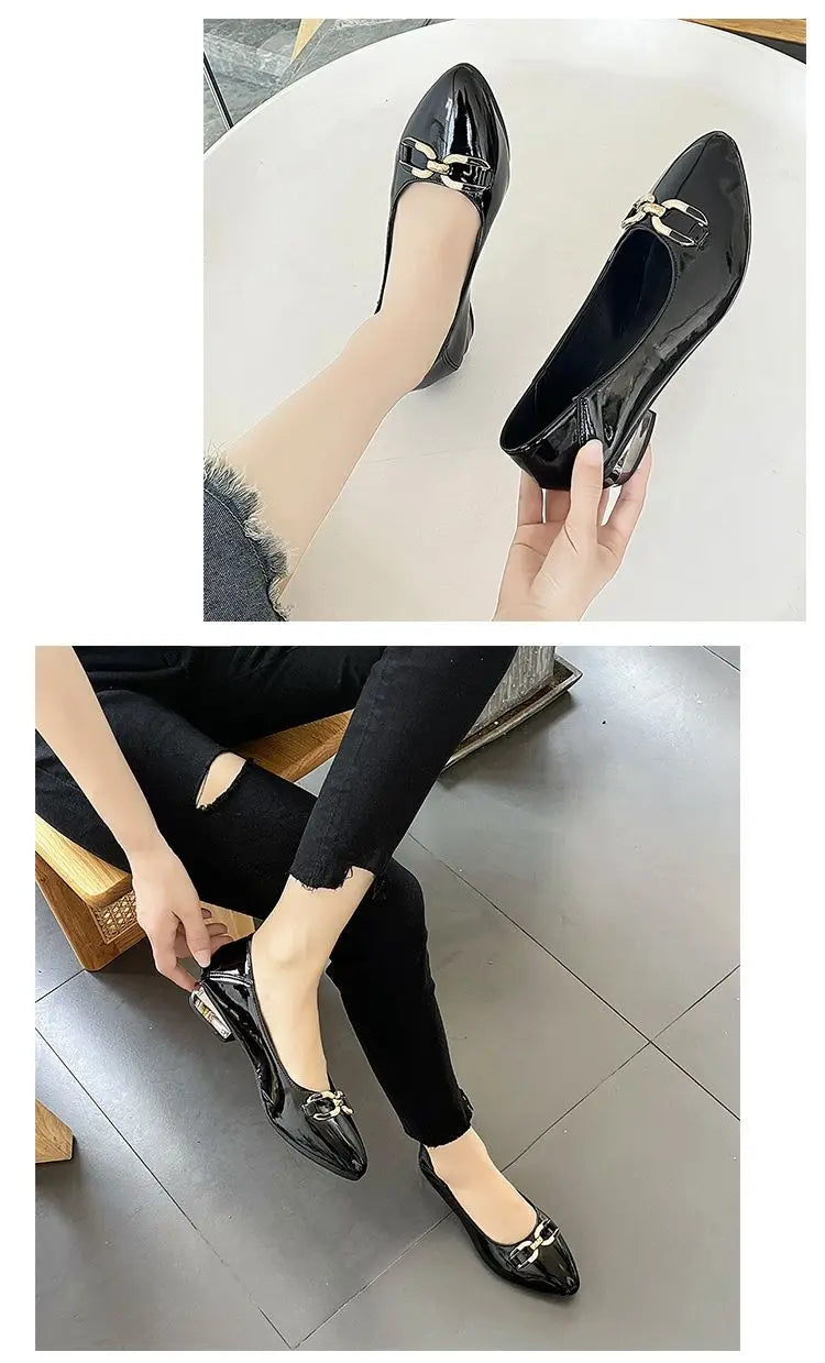Shoes for Women Fashion Pointed Toe Patent Leather Low Heel Single Shoes Lady Slip on Classic Comfort Office Shoes Zapatos Mujer -