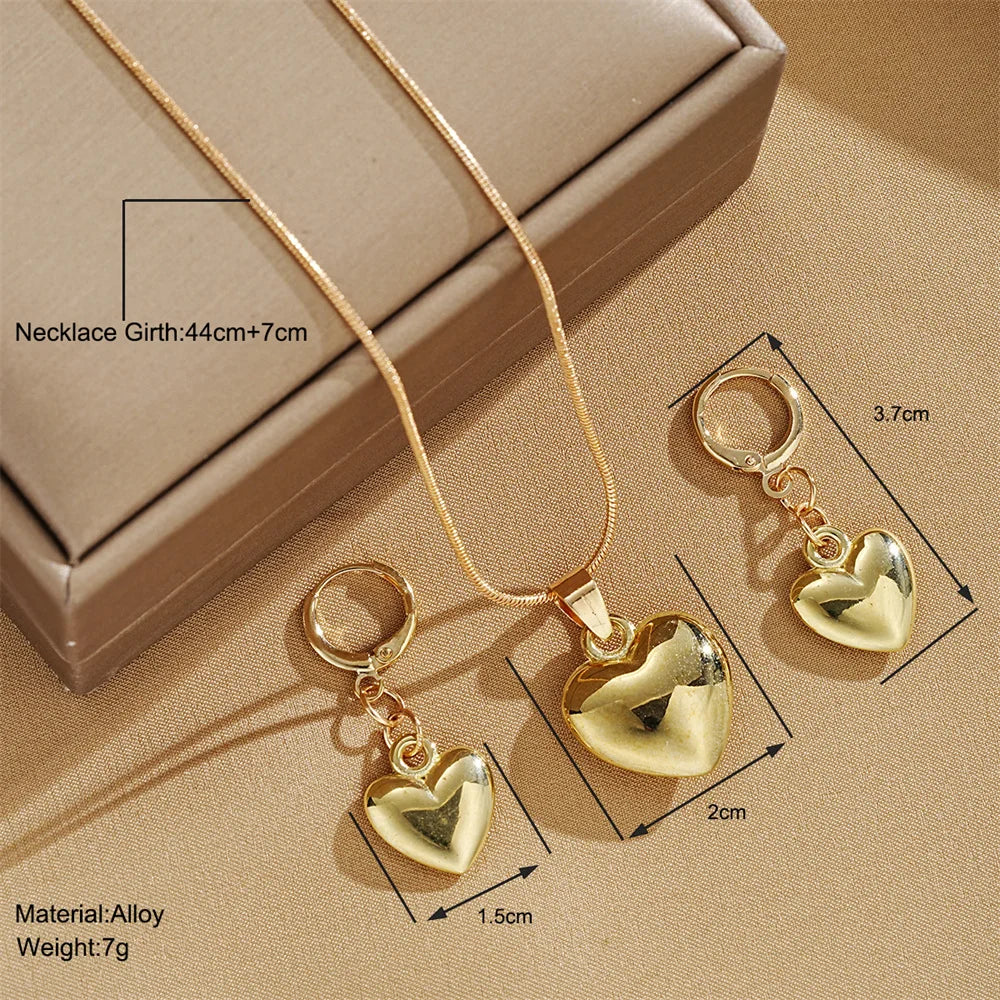 Glossy Gold Plated Metal Love Heart Dangle Earrings Set -