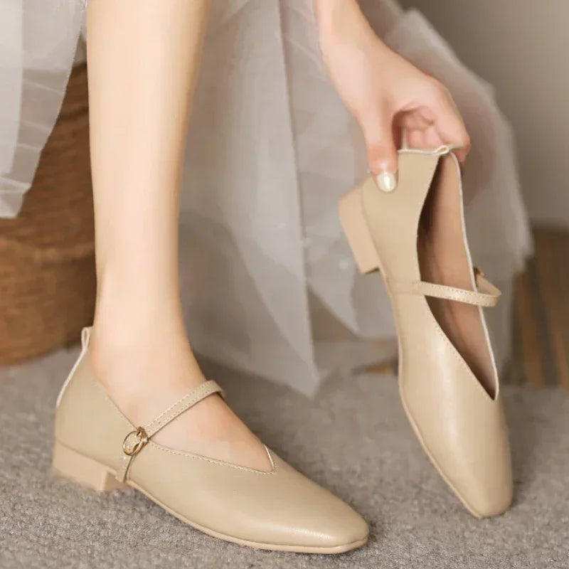 Woman Spring Casual Square Toe Low Soft Soled Shoes Lolita Ballerina Red Flats Female Elegant French Retro Buckle Mary Janes -