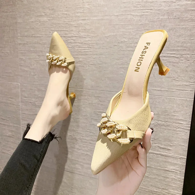 Baotou Half Drag Female Outside Wearing 2025 Summer New Fairy Wind Thin Heel Sandals High Heel Muller Slippers Slippers Women -