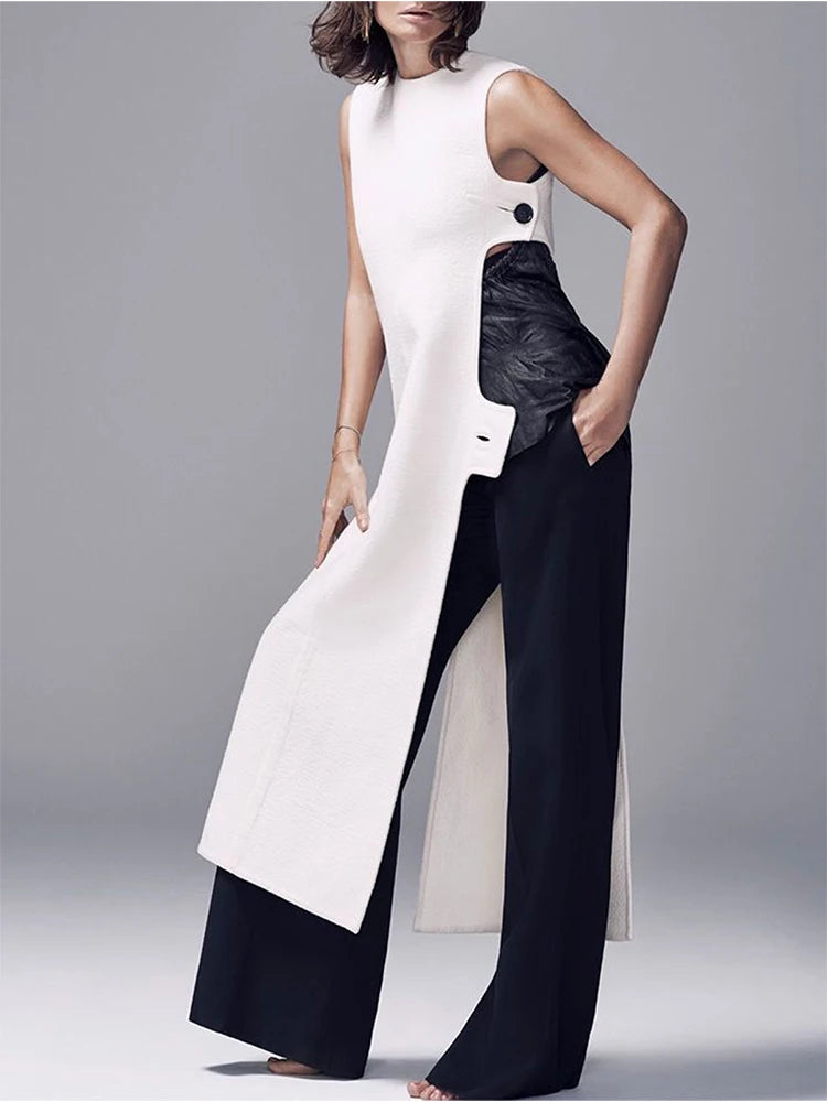 Fashion Plain Crew Neck Sleeveless Button Slit Dress Sexy Vintage Casual Chic Summer Slim Single Button High Street Long Dress -