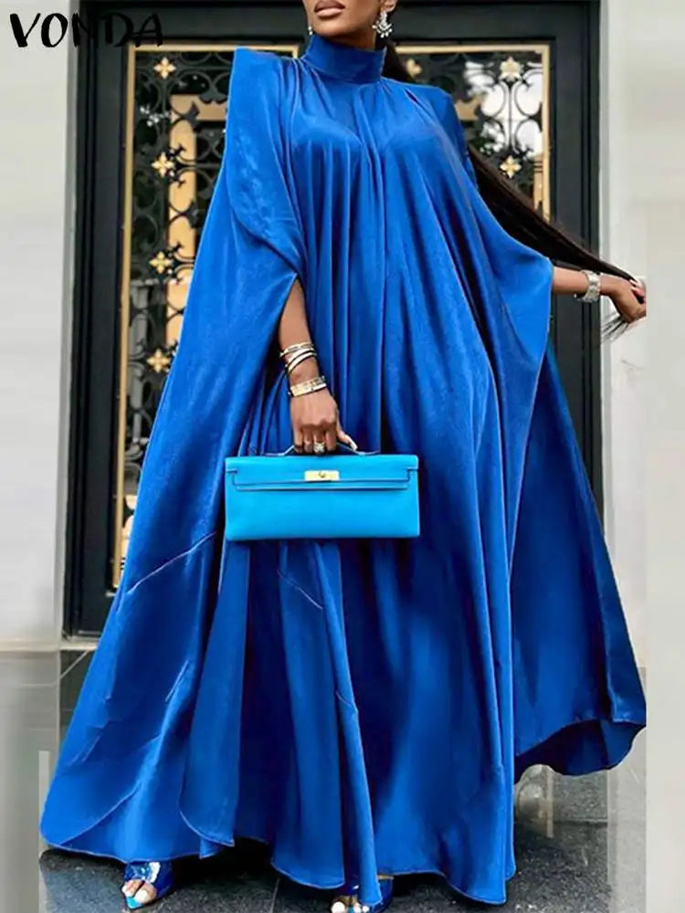 Plus Size 5XL VONDA 2023 Women Stand Collar Elegant Satin Dress Long Bat Sleeve Evening Pleated Maxi Sundress Casual Solid Robe -