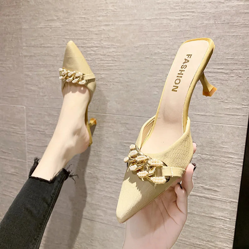 Baotou Half Drag Female Outside Wearing 2025 Summer New Fairy Wind Thin Heel Sandals High Heel Muller Slippers Slippers Women -