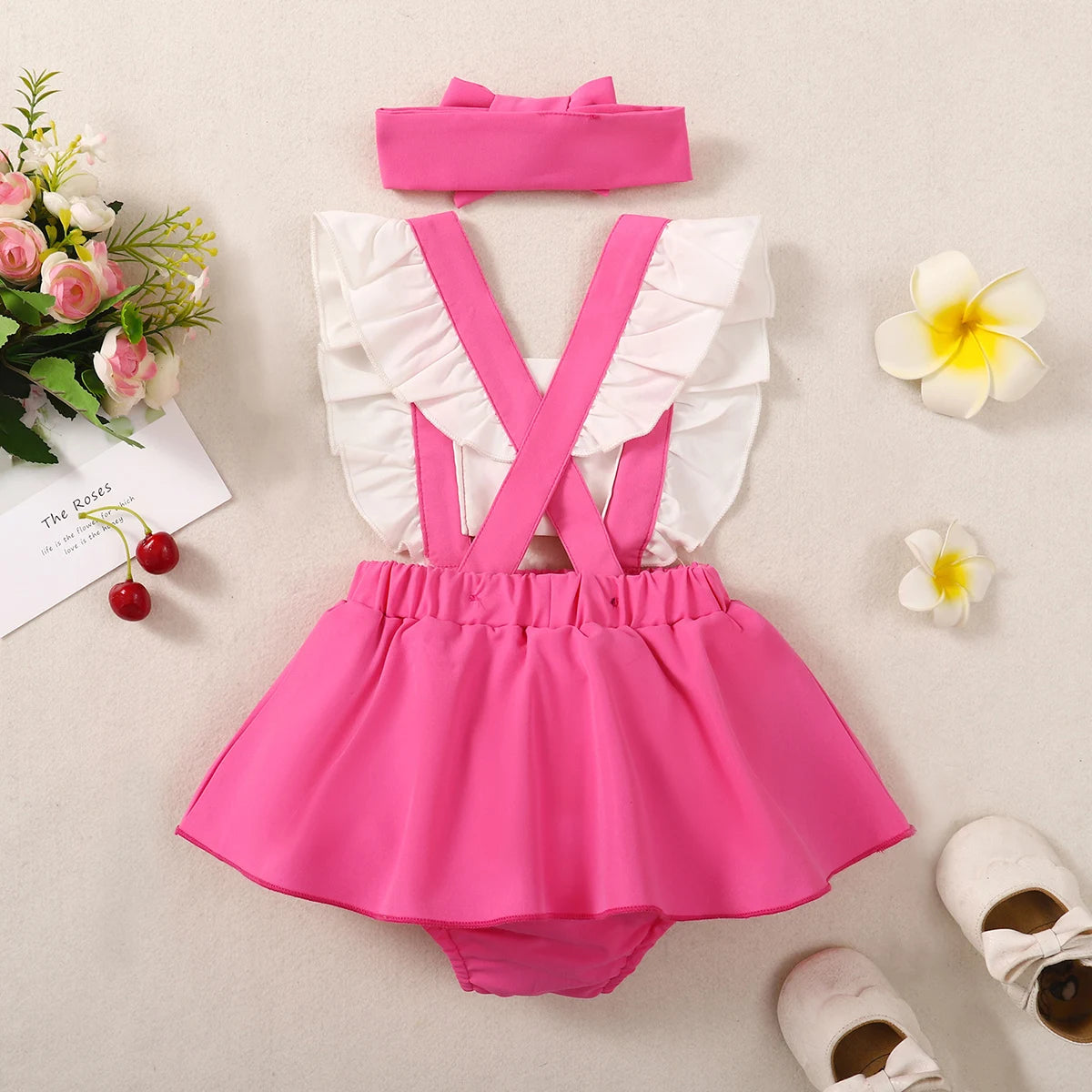 Infant/Toddler Summer Fashion Pink Creeper Dress Including Hair Accessories -
