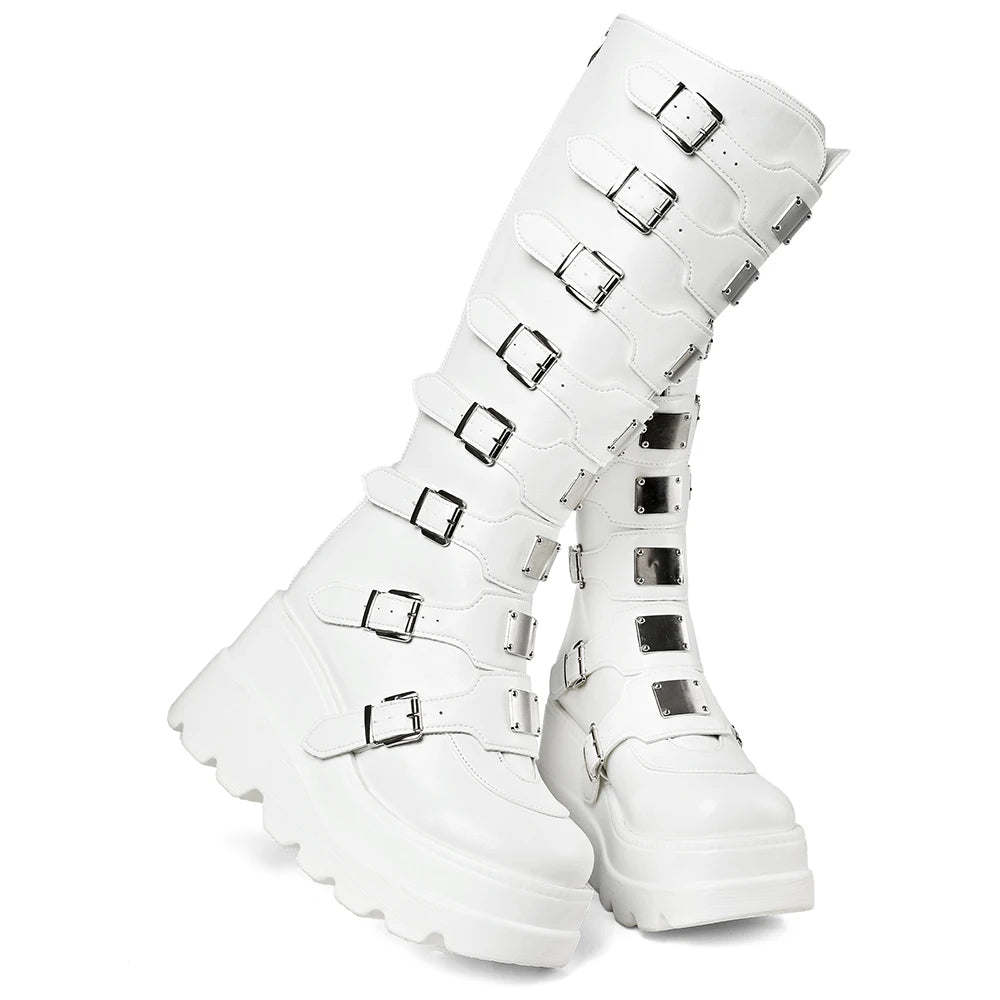 GIGIFOX Goth Metal Buckle Combat Mid-Calf Boots For Women Round Toe Platform Chunky High Wedges Cool Fashion Motorcycle Boots -