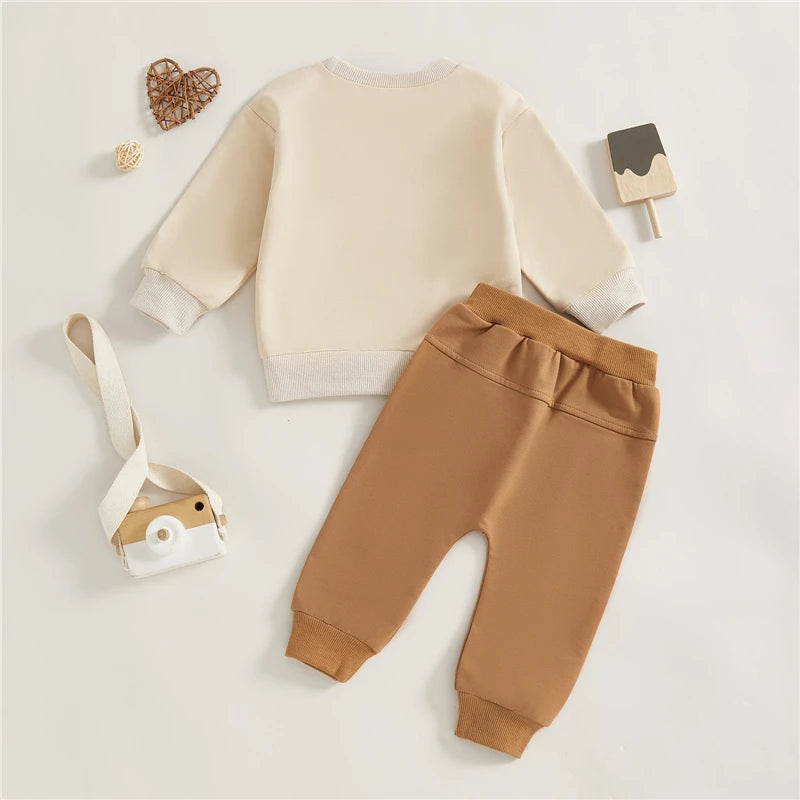 Toddler Baby Boy Winter Fall Outfit Letter Embroidered Sweatshirt and Solid Color Joggers 2 Piece Baby Boys Clothing Set -