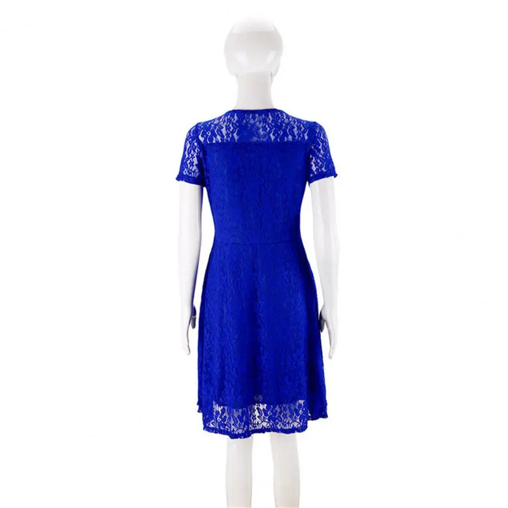 Make a chic statement with this elegant women's dress featuring an O-neck design, transparent lace, and hollow detail—a perfect choice for a sophisticated and stylish look. -