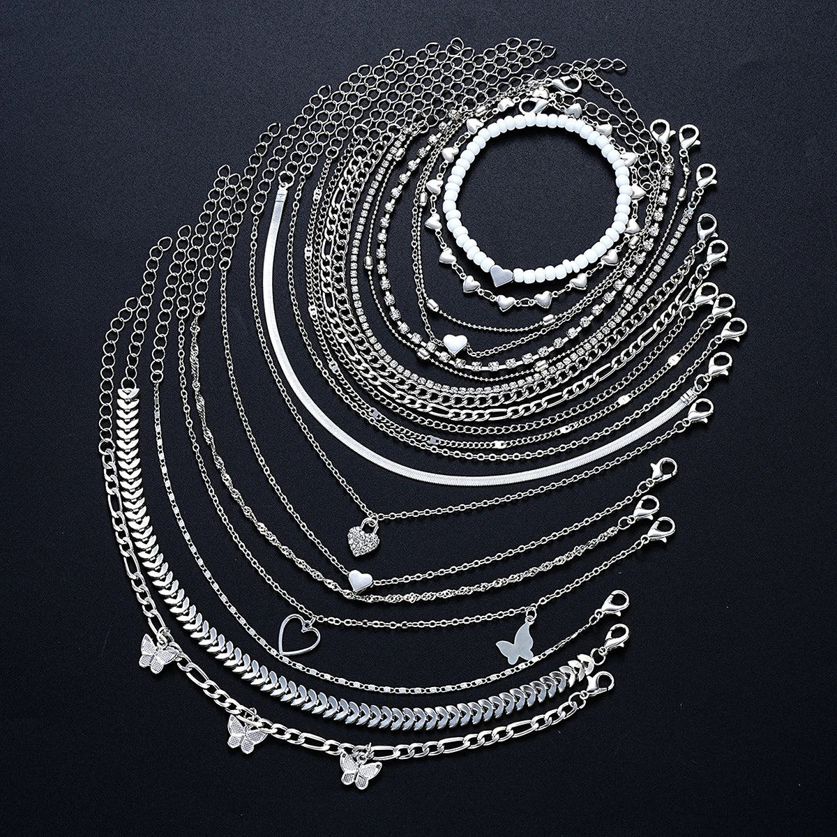 19Pcs Silver Color Anklet Sets -