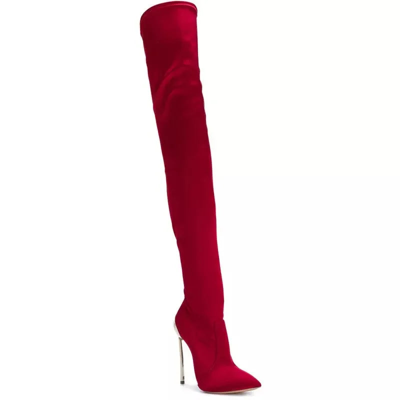 Arden Furtado 2025 Autumn Stretch boots Metal stiletto heels Over the knee boots Pointed Toe Super high heel thigh high boots 41 -