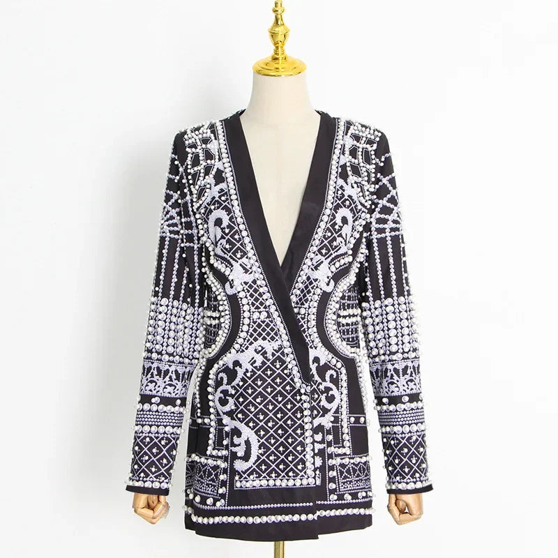 Turn heads with this mid-length slim fit blazer for women—featuring a sexy V-neck, full sleeves, regular tight waist, elegant pearl accents, and stylish splice detailing! -