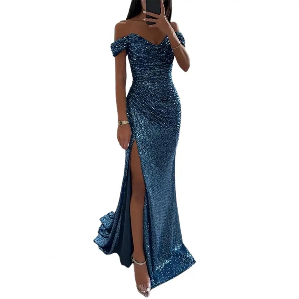 Dazzle in style with this sequin pleated maxi dress featuring short sleeves and a waist-tight silhouette—perfect for showcasing sophistication and glamour! -