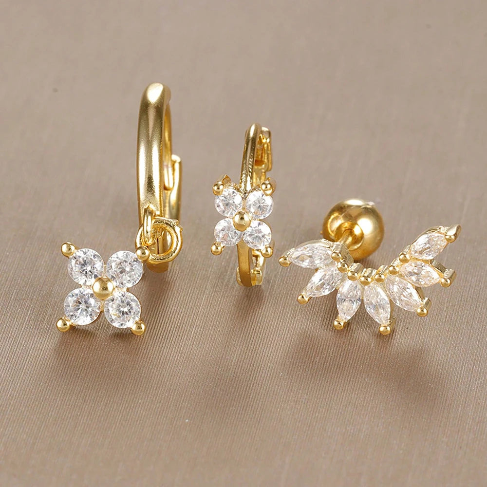 3PCS Stainless Steel Zircon Flower Earring Set for Women -