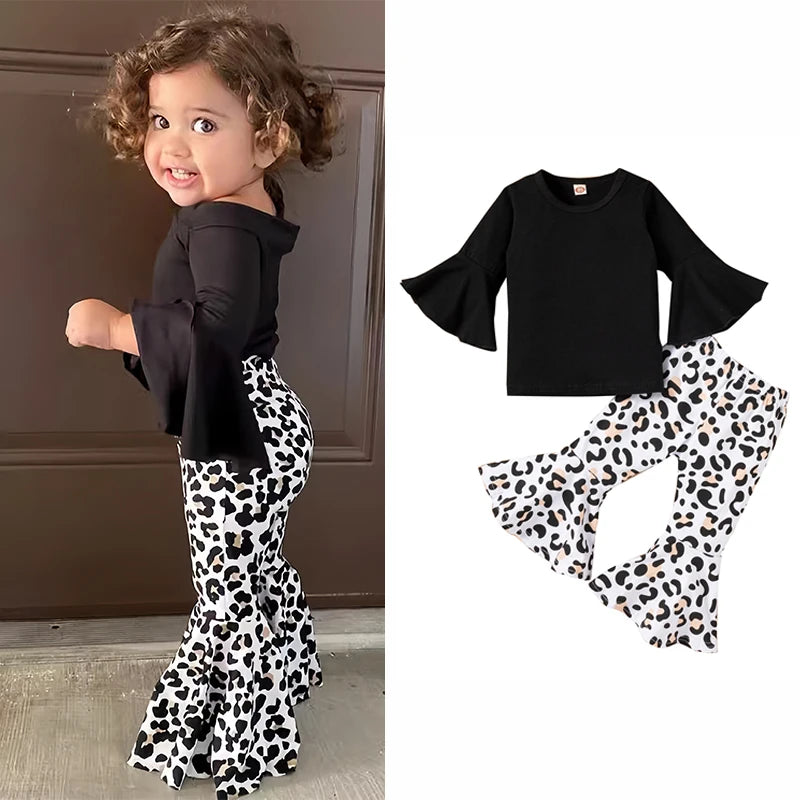 2pcs Baby Girl Clothes Sets Black Pullover Top + Leopard Print Bell-Bottoms Autumn Children's Clothing For 2 3 4 5 7 8 Years Old -